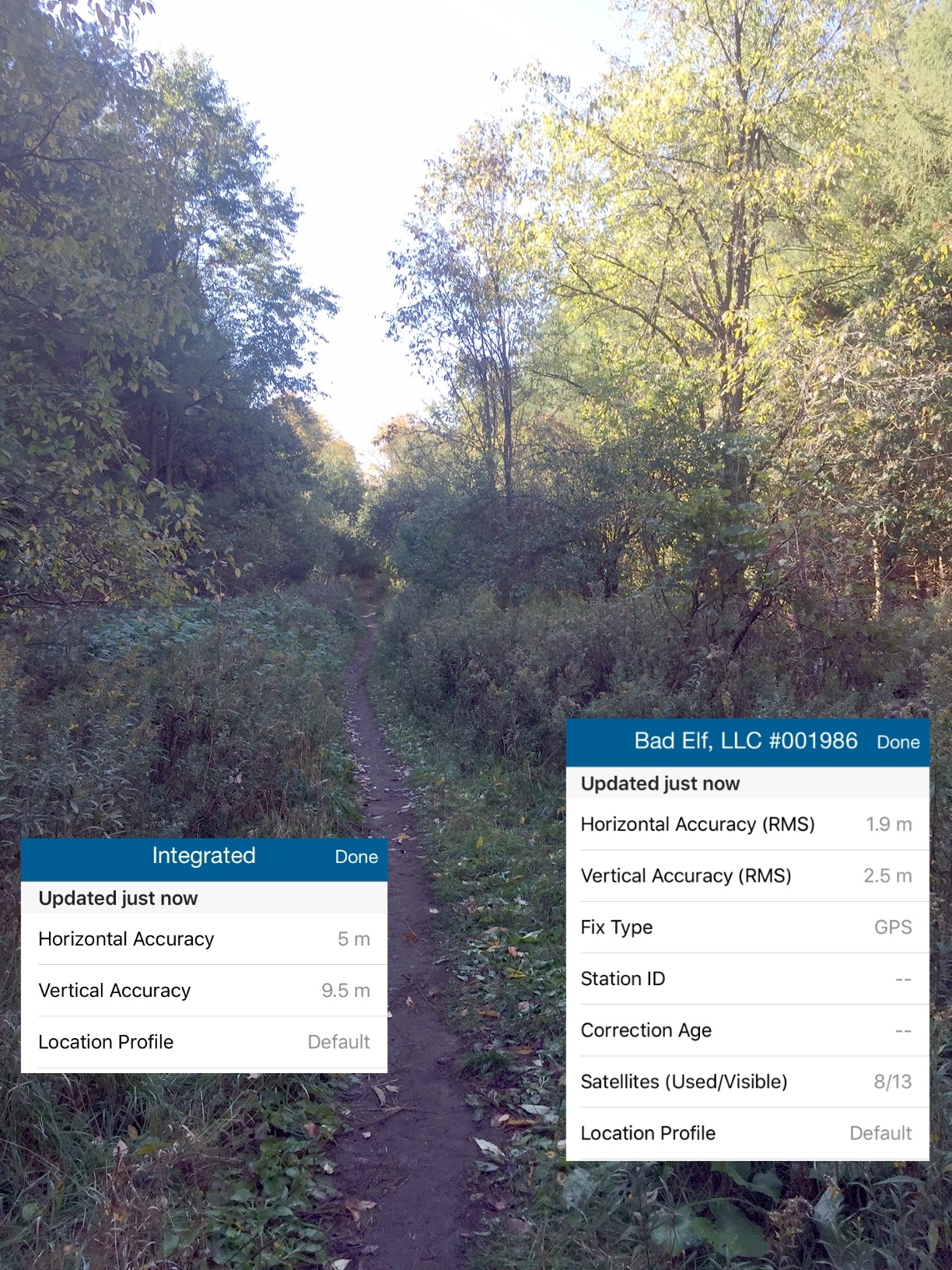 Collector Bad Elf GNSS vs. Integrated Provider on the trail (medium canopy)